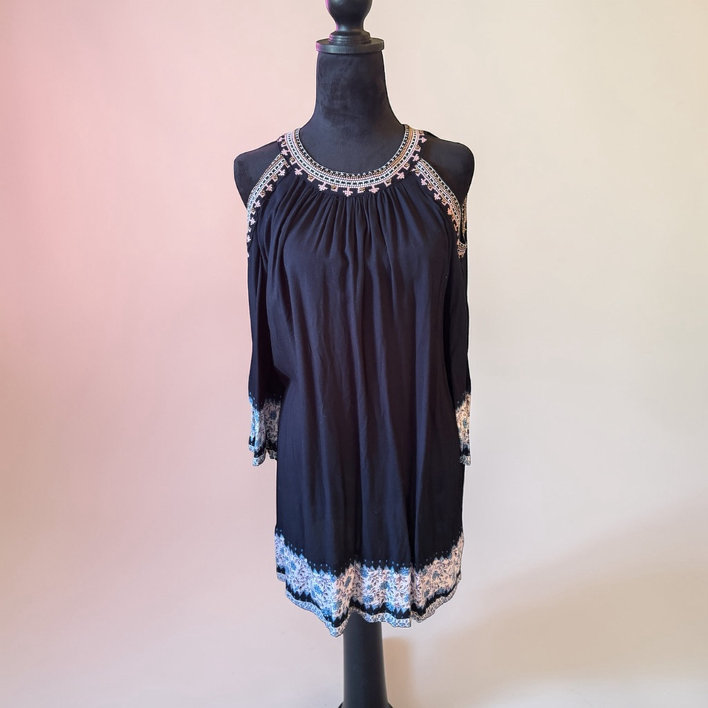 En Creme Navy High Beaded Neck Tank Cold Shoulder Dress/Tunic - Size L